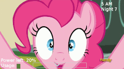 Size: 500x277 | Tagged: safe, edit, edited screencap, screencap, pinkie pie, g4, make new friends but keep discord, animated, close-up, discovery family logo, female, five nights at freddy's, fourth wall, fourth wall destruction, he wants all of the cakes, looking at you, loop, screen shake, shaking, solo, static