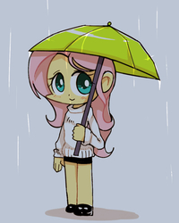 Size: 800x1000 | Tagged: dead source, safe, fluttershy, human, g4, clothes, female, humanized, rain, solo, sweater, sweatershy, umbrella