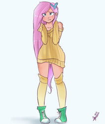 Size: 468x553 | Tagged: safe, artist:mrscurlystyles, fluttershy, human, g4, blushing, clothes, converse, female, humanized, looking at you, shoes, simple background, socks, solo, sweater, sweatershy, white background