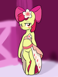 Size: 1131x1497 | Tagged: safe, artist:seidouryu, apple bloom, earth pony, semi-anthro, g4, make new friends but keep discord, season 5, adorabloom, bandeau, bedroom eyes, belly button, bipedal, blushing, clothes, cute, dress, female, filly, foal, gala dress, legs together, looking at you, solo