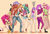 Size: 2500x1682 | Tagged: safe, artist:sundown, applejack, fluttershy, pinkie pie, rainbow dash, rarity, twilight sparkle, crab, human, g4, angry, applejack's hat, backpack, belly button, belt, blushing, boots, choker, chokershy, clothes, converse, cowboy hat, dance party, dress, eyes closed, facepalm, female, floral head wreath, frustrated, frustration, get, glare, gritted teeth, hat, hermit crab, horn, horned humanization, humanized, index get, jacket, line-up, long skirt, looking at each other, mane six, map, midriff, milestone, pants, poking, shirt, shoes, shorts, simple background, skinny, skirt, smiling, sword, thin, torn clothes, twilight sparkle is not amused, unamused, weapon, winged humanization, x0000 milestone, x00000 milestone