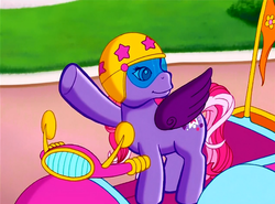 Size: 700x518 | Tagged: safe, screencap, starsong, g3, meet the ponies, scootaloo's outdoor play party, female, helmet, looking back, smiling, solo, waving, win