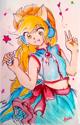 Size: 453x709 | Tagged: safe, artist:arminis, applejack, human, equestria girls, g4, belly button, clothes, female, headphones, humanized, midriff, music player, skirt, solo, traditional art