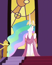 Size: 552x682 | Tagged: safe, screencap, princess celestia, alicorn, pony, g4, make new friends but keep discord, clothes, cropped, cute, cutelestia, dress, eyes closed, female, gala dress, grin, happy, hoof shoes, jewelry, mare, regalia, smiling, solo, stairs