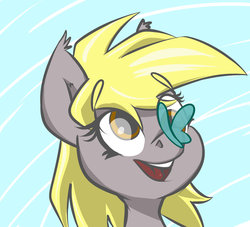 Size: 1024x931 | Tagged: safe, artist:megagibs, derpy hooves, butterfly, pegasus, pony, g4, bust, butterfly on nose, cute, derpabetes, ear fluff, ear tufts, eyebrows, eyebrows visible through hair, female, insect on nose, mare, open mouth, open smile, palindrome get, portrait, smiling, solo