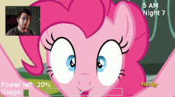 Size: 500x277 | Tagged: safe, edit, edited screencap, screencap, pinkie pie, human, g4, make new friends but keep discord, animated, close-up, discovery family logo, five nights at freddy's, fourth wall, fourth wall destruction, gif, he wants all of the cakes, irl, irl human, jumpscare, looking at you, loop, markiplier, photo, screen shake, shaking, solo, static