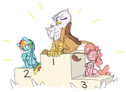 Size: 1280x933 | Tagged: safe, artist:nobody, gilda, pinkie pie, rainbow dash, earth pony, griffon, pegasus, pony, g4, behaving like a bird, birds doing bird things, catbird, chest fluff, chest fluff envy, eyes closed, griffons doing bird things, impossibly large chest fluff, podium, simple background, sitting, sketch, smiling, white background