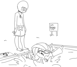Size: 1280x1119 | Tagged: safe, artist:nobody, fluttershy, oc, oc:anon, human, g4, goggles, lifeguard, monochrome, swimming, swimming pool, water wings