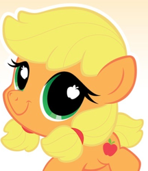 Size: 400x462 | Tagged: safe, applejack, g4, cute, female, filly, jackabetes, looking at you, playskool, smiling, solo, wingding eyes