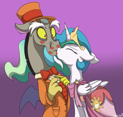 Size: 2587x2455 | Tagged: dead source, safe, artist:mistydash, discord, princess celestia, g4, make new friends but keep discord, clothes, crown, discord gets all the mares, dress, eyes closed, female, floppy ears, frown, high res, jewelry, kiss mark, kissing, lipstick, male, regalia, ship:dislestia, shipping, straight, wide eyes