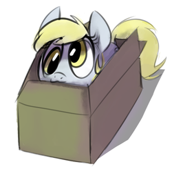 Size: 571x560 | Tagged: safe, artist:dotkwa, derpy hooves, pegasus, pony, g4, :3, behaving like a cat, box, cardboard box, cute, female, mare, pony in a box, simple background, solo, white background