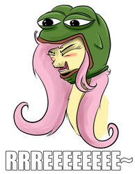 Size: 746x960 | Tagged: artist needed, safe, fluttershy, pegasus, pony, g4, blushing, chest fluff, cute, eyes closed, female, image macro, mare, meme, open mouth, pepe the frog, reeee, simple background, wat, white background