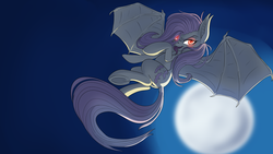 Size: 1920x1080 | Tagged: safe, artist:pusspuss, fluttershy, g4, female, flutterbat, flying, moon, solo, tongue out, underhoof