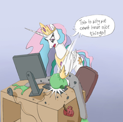 Size: 941x935 | Tagged: artist needed, safe, princess celestia, oc, oc:anon, alicorn, human, pony, g4, 4chan, abuse, abusive pony, angry, anonabuse, dialogue, drawthread, female, glare, human male, male, mare, open mouth, reaction image, shitposting, speech bubble, this is why we can't have nice things, troll, trolling the fandom, violence