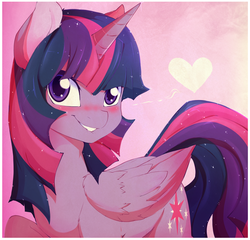 Size: 2600x2500 | Tagged: dead source, safe, artist:rainbowscreen, twilight sparkle, alicorn, pony, g4, blushing, female, heart, high res, lip bite, mare, solo, twilight sparkle (alicorn)