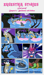 Size: 1919x3245 | Tagged: safe, artist:estories, discord, oc, oc:penumbra, alicorn, draconequus, pony, comic:find yourself, g4, comic, crystal, crystal horn, glowing, glowing eyes, horn, umbrella
