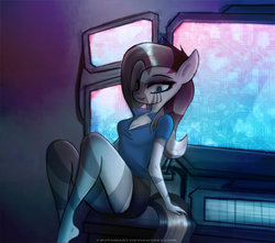 Size: 950x841 | Tagged: safe, artist:crutonart, oc, oc only, oc:zuri, zebra, anthro, anthro oc, bedroom eyes, clothes, computer, lip bite, looking at you, shorts, sitting, smiling, solo