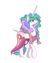 Size: 790x923 | Tagged: dead source, safe, artist:spaerk, princess celestia, alicorn, butterfly, pony, g4, make new friends but keep discord, alternate hairstyle, clothes, dress, female, gala dress, mare, mlpgdraws, raised hoof, simple background, smiling, solo, transparent background