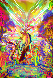 Size: 2418x3508 | Tagged: safe, artist:jowyb, discord, tree hugger, draconequus, earth pony, pony, g4, make new friends but keep discord, abstract art, abstract background, bright, color porn, duo, female, flower, high, high res, male, mare, modern art, painting, psychedelic, sitting, trippy