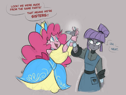 Size: 900x683 | Tagged: safe, artist:egophiliac, maud pie, pinkie pie, robot, steamquestria, g4, dialogue, duo, gray background, humanized, roboticization, simple background, sisters, speech bubble, steampunk