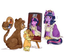 Size: 1987x1632 | Tagged: safe, artist:superlucky13, applejack, twilight sparkle, oc, oc:ponkey, alicorn, pony, g4, au:eqcl, blushing, canvas, cape, clothes, crown, cute, dress, female, grin, mare, mouth hold, nervous, painting, palette, sitting, smiling, twilight sparkle (alicorn)