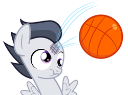 Size: 753x558 | Tagged: safe, artist:changeling #209458, rumble, pegasus, pony, g4, basketball, bruised, colt, derp, foal, male, rumblebuse, simple background, solo, white background