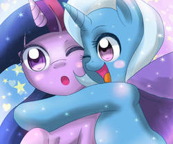 Size: 720x600 | Tagged: safe, artist:jurisalis, trixie, twilight sparkle, pony, unicorn, g4, female, happy, hug, lesbian, mare, ship:twixie, shipping