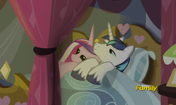Size: 1488x884 | Tagged: safe, artist:shutterflyeqd, princess cadance, shining armor, g4, bed, bedroom eyes, cute, discovery family logo, fake screencap, female, hilarious in hindsight, i can't believe it's not hasbro studios, male, morning after, morning ponies, on back, ship:shiningcadance, shipping, smiling, straight