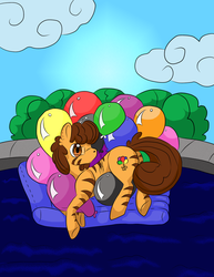 Size: 1024x1327 | Tagged: safe, oc, oc only, oc:einsman, inflatable pony, pooltoy pony, tiger pony, balloon, balloon fetish, inflatable, living inflatable, that pony sure does love balloons