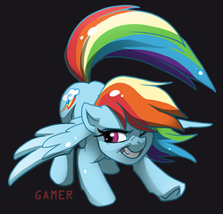 Size: 700x671 | Tagged: safe, artist:thegamercolt, rainbow dash, g4, female, grin, one eye closed, simple background, solo, spread wings, underhoof