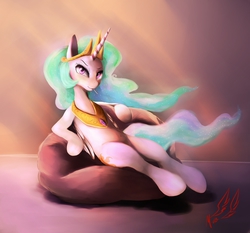 Size: 1500x1400 | Tagged: safe, artist:miokomata, princess celestia, alicorn, pony, semi-anthro, g4, beanbag chair, belly button, candy, collar, crown, dreamworks face, female, reclining, solo, toothpick