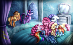 Size: 1920x1200 | Tagged: safe, artist:9de-light6, applejack, fluttershy, pinkie pie, rainbow dash, rarity, tank, twilight sparkle, alicorn, pony, g4, tanks for the memories, cry pile, crying, crying inside, female, makeup, mane six, mare, ocular gushers, pony pile, running makeup, scene interpretation, twilight sparkle (alicorn), unshorn fetlocks