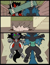 Size: 781x1023 | Tagged: safe, artist:virus-20, king sombra, queen chrysalis, g4, abuse, booby trap, chrysabuse, comic, derpy alone, exploitable meme, hole, home alone, home alone 2: lost in new york, male, meme, parody, pipe (plumbing), rope, scene interpretation, scene parody, sombrabuse, stairs, trap, traps