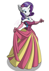Size: 661x960 | Tagged: safe, artist:rubbermage, artist:rubi, rarity, unicorn, anthro, g4, breasts, busty rarity, cleavage, clothes, collaboration, dress, female, flower, grand galloping gala, solo