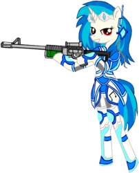 Size: 1428x1770 | Tagged: safe, alternate version, artist:avchonline, dj pon-3, vinyl scratch, unicorn, semi-anthro, g4, armor, bipedal, cutie mark, female, grin, gun, headset, hoof hold, hooves, horn, looking at you, mare, optical sight, rifle, scope, simple background, smiling, sniper rifle, solo, starcraft 2, teeth, transparent background, weapon