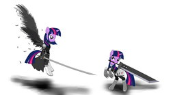 Size: 1024x569 | Tagged: safe, artist:avchonline, twilight sparkle, g4, buster sword, cloud strife, crossover, final fantasy, final fantasy vii, self ponidox, sephiroth, sword, weapon