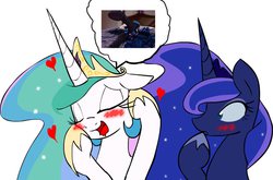 Size: 1045x689 | Tagged: safe, artist:zev, princess celestia, princess luna, g4, bed, panties, stockings