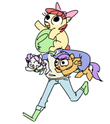Size: 597x668 | Tagged: safe, artist:nobody, apple bloom, scootaloo, sweetie belle, oc, oc:anon, human, pony, g4, carrying, cutie mark crusaders, holding a pony, piggyback ride, ponies riding humans, riding, sketch