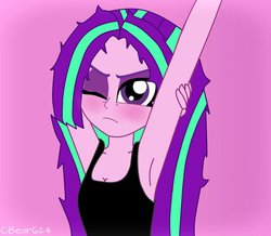 Size: 600x524 | Tagged: safe, artist:cbear624, aria blaze, equestria girls, g4, armpits, blushing, clothes, female, loose hair, pink background, simple background, solo, stretching, tank top, tired
