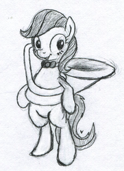 Size: 580x800 | Tagged: safe, anonymous artist, beauty brass, pony, g4, bipedal, bowtie, cute, looking at you, monochrome, sketch, smiling, traditional art
