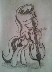 Size: 1100x1500 | Tagged: safe, anonymous artist, octavia melody, g4, cello, eyes closed, female, monochrome, musical instrument, playing, sketch, solo, traditional art