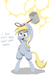 Size: 1300x2048 | Tagged: safe, artist:janji009, derpy hooves, pony, g4, bipedal, female, hammer, mjölnir, solo, this will end in tears, war hammer, xk-class end-of-the-world scenario