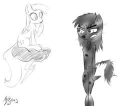 Size: 1024x868 | Tagged: safe, artist:morroderthefreakyguy, derpy hooves, pegasus, pony, g4, crossover, female, kitty katswell, mare, monochrome, tuff puppy