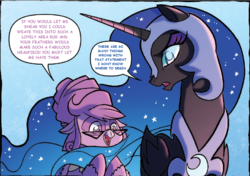 Size: 924x651 | Tagged: safe, artist:tony fleecs, edit, idw, doran, nightmare moon, alicorn, nyx (moon creatures), pony, fiendship is magic #4, g4, my little pony: fiendship is magic, comic, duo, ethereal mane, female, mare, speech bubble, starry mane, text edit