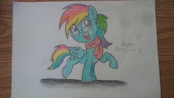 Size: 2304x1296 | Tagged: safe, artist:deon miller, rainbow dash, g4, clothes, cute, dashabetes, female, glasses, looking at you, nerd, rainbow dash always dresses in style, raised hoof, raised leg, scarf, solo, traditional art