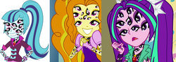 Size: 1982x709 | Tagged: safe, edit, adagio dazzle, aria blaze, sonata dusk, g4, eldritch abomination, eyes, eyes do not belong there, multieye, multiple eyes, nightmare fuel, not salmon, the dazzlings, trypophobia, wat, what has science done