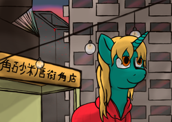 Size: 2160x1536 | Tagged: safe, artist:thebathwaterhero, oc, oc only, pony, unicorn, building, city, clothes, hoodie, japanese, solo