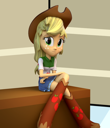 Size: 1030x1200 | Tagged: safe, artist:3d thread, artist:creatorofpony, applejack, equestria girls, g4, 3d, 3d model, blender, boots, clothes, cowboy hat, denim, denim skirt, female, hat, shirt, sitting, skirt, solo, stetson