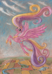 Size: 1200x1710 | Tagged: safe, artist:curlymc, princess cadance, alicorn, pony, g4, female, flying, long mane, mare, solo, traditional art