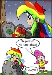 Size: 2133x3025 | Tagged: safe, artist:ryured, fluttershy, rainbow dash, human, g4, tanks for the memories, crying, fluttershy is not amused, gravestone, high res, humanized, overreaction